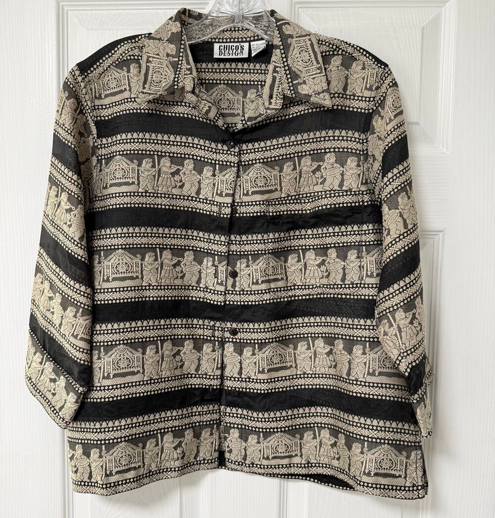 Chico's Design Women's Black & Gold Artsy Sheer Top Size 1.